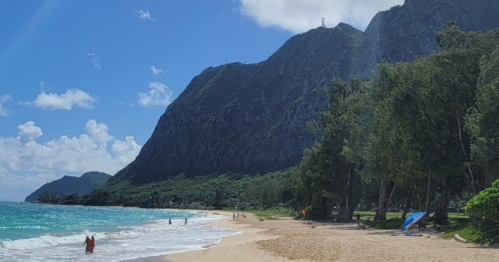 A scenic beach with turquoise water, sandy shore, and lush green mountains under a bright blue sky.