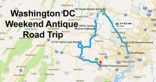 Map showing a weekend antique road trip route from Washington DC, highlighting various stops and travel time.