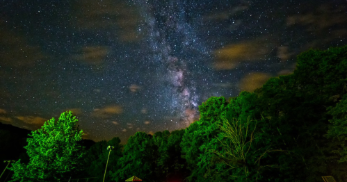 A starry night sky with the Milky Way visible above dark trees and clouds, illuminated by green light.