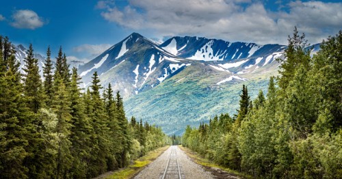 A scenic view of a railway track leading through lush green trees, with snow-capped mountains in the background.