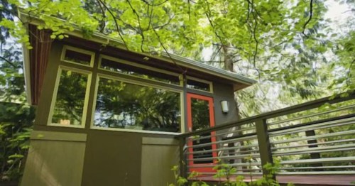 A small, modern cabin surrounded by lush green trees, featuring large windows and a red door.