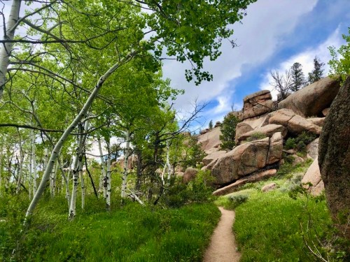 A winding dirt path through lush green grass and aspen trees, leading to rocky outcrops under a cloudy sky.