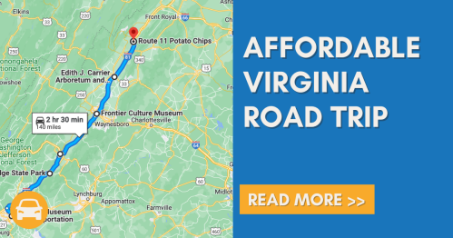 Map showing a route for an affordable Virginia road trip, highlighting key locations and travel time.