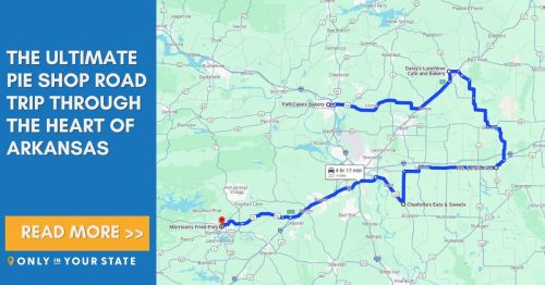 Map of a pie shop road trip through Arkansas, highlighting various bakeries and stops along the route.