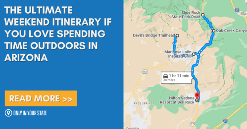 Map highlighting a weekend itinerary for outdoor activities in Arizona, featuring locations and travel time.