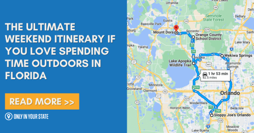 Map showing a weekend itinerary for outdoor activities in Florida, highlighting routes and destinations near Orlando.
