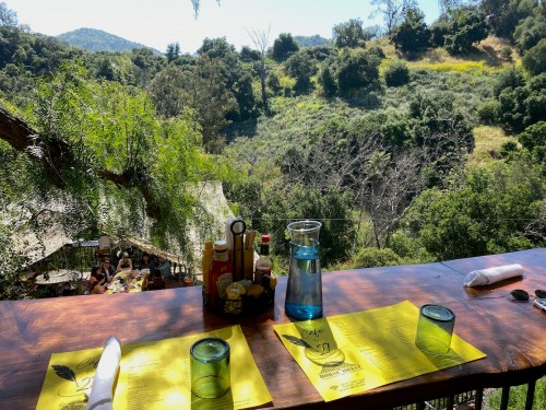 A scenic view from a restaurant table overlooking lush greenery and hills, with menus and condiments on the table.