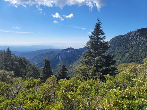 A scenic view of mountains and trees under a blue sky with scattered clouds.