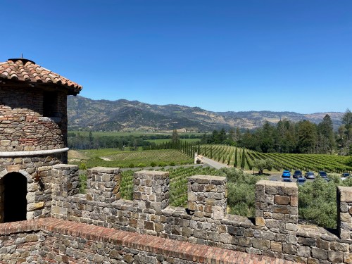 A scenic view of vineyards and rolling hills under a clear blue sky, with a stone tower in the foreground.