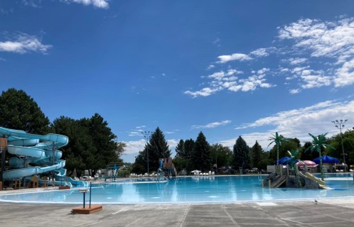 A sunny outdoor pool area featuring water slides, palm trees, and lounge chairs under a clear blue sky.