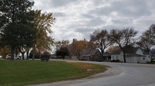 A quiet neighborhood with trees changing colors, houses lining the street, and cloudy skies in the background.