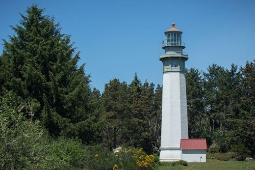 A tall white lighthouse surrounded by green trees and blue sky, with a red roof at its base.