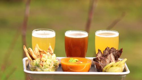 A tray with three glasses of beer, a bowl of salsa, chips, and a serving of meat, set against a blurred outdoor background.