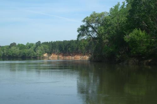 A calm river reflects green trees and a sandy bank under a clear blue sky.