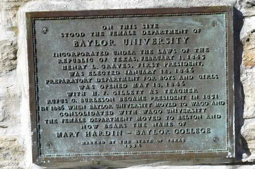 Historical marker for the Female Department of Baylor University, established in 1845, now part of Mary Hardin-Baylor College.