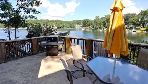 A lakeside deck with a grill, table, and chairs, surrounded by trees and water under a clear blue sky.