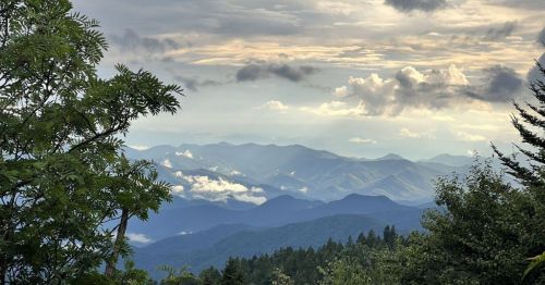 A scenic view of layered mountains under a cloudy sky, with lush greenery in the foreground.