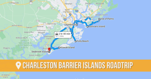 Map showing a road trip route through Charleston Barrier Islands, including Kiawah Island and Sullivan's Island.
