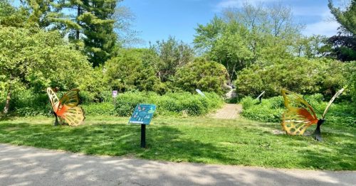 Two large butterfly sculptures flanking a path in a lush green garden under a clear blue sky.