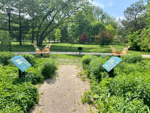 A pathway through lush greenery leads to two large butterfly sculptures in a sunny park.
