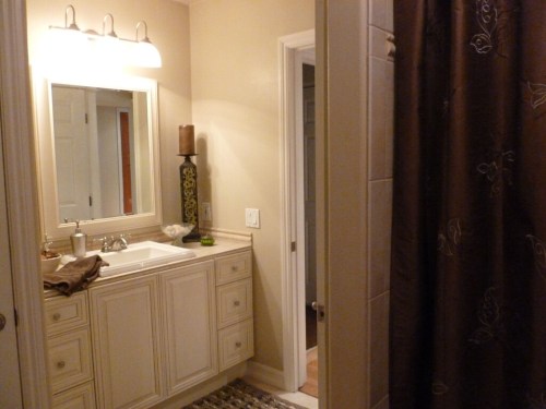 A well-lit bathroom featuring a sink, mirror, and shower curtain, with neutral-colored walls and decorative accents.