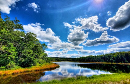 A serene lake surrounded by lush greenery under a bright blue sky with fluffy clouds. Sunlight glimmers on the water.