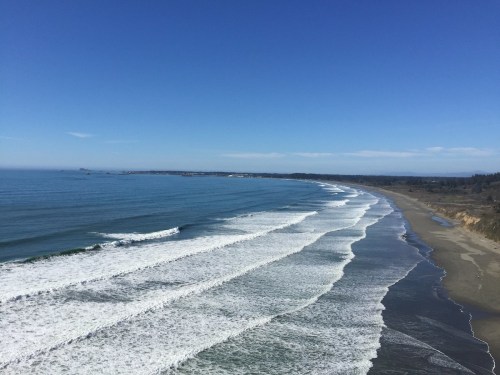 A serene beach scene with gentle waves lapping at the shore under a clear blue sky.