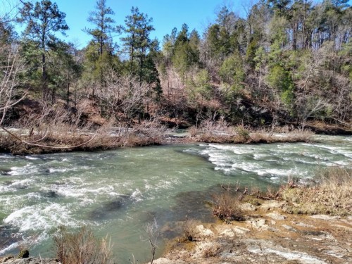 A flowing river surrounded by trees and rocky banks under a clear blue sky.