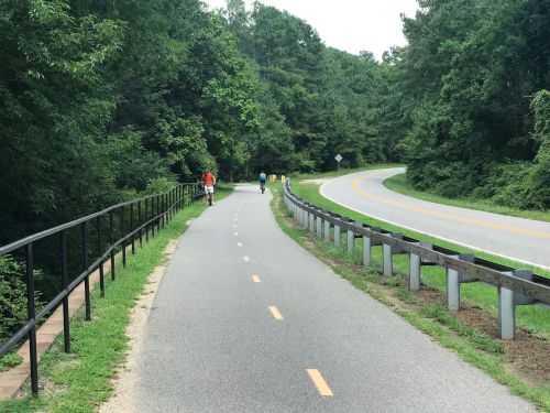 A paved path alongside a road, with people walking and lush greenery on both sides.