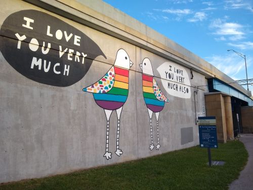 Colorful mural of two birds with speech bubbles saying "I love you very much" on a concrete wall.