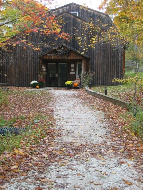 A gravel path leads to a rustic wooden barn surrounded by autumn leaves and colorful flowers.