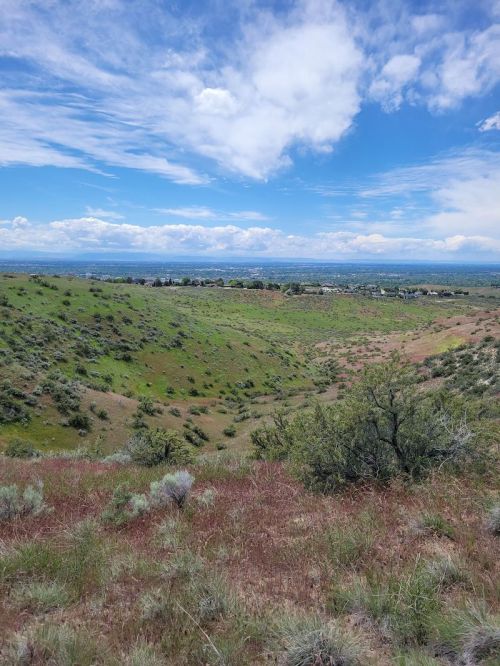 A scenic view of rolling green hills under a blue sky with scattered clouds, showcasing a valley in the distance.