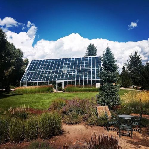 A large glass greenhouse surrounded by lush greenery and colorful plants under a bright blue sky with fluffy clouds.