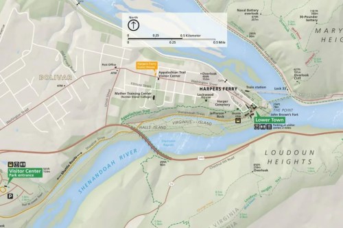 Map of Harpers Ferry, showing key locations, trails, and the surrounding rivers, with a scale and orientation indicator.
