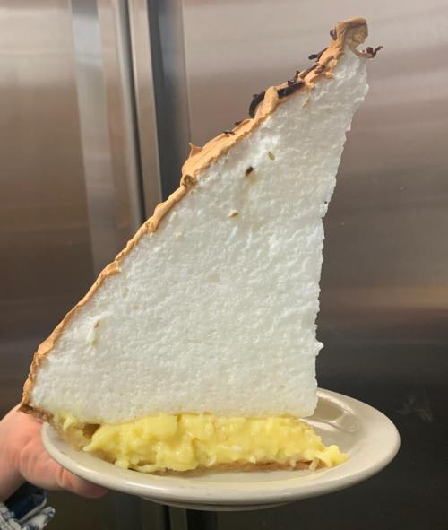 A large slice of meringue pie with a thick layer of lemon filling on a plate, held by a hand.