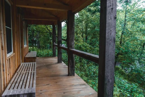 A wooden porch with benches overlooks a lush green forest, surrounded by trees.