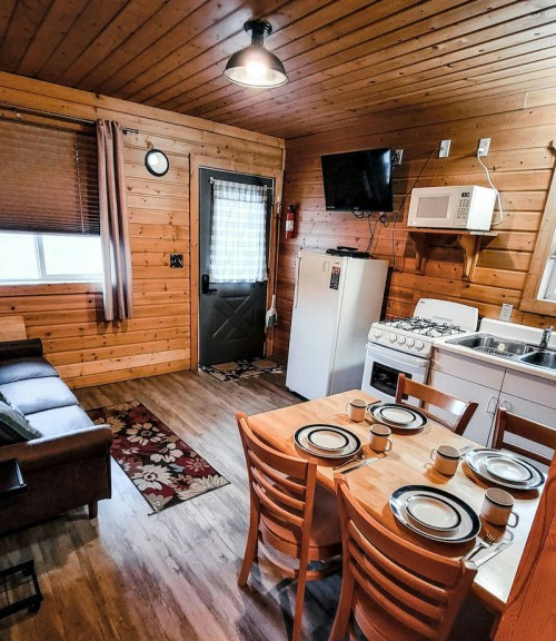 Cozy cabin interior featuring a kitchen, dining table, and living area with wooden walls and modern appliances.