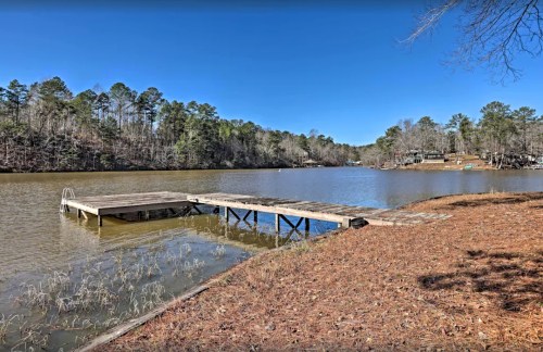 A serene lake scene with a wooden dock, surrounded by trees and clear blue skies.