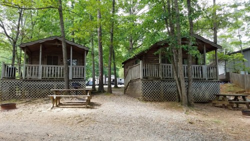 Two wooden cabins on stilts surrounded by trees, with a picnic table and fire pit in a gravel area.