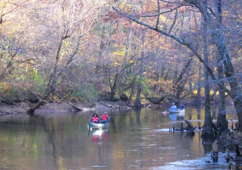 Two canoes glide through a calm river surrounded by trees with autumn foliage.