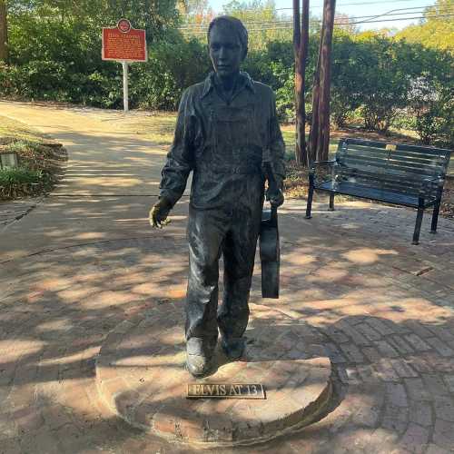 Statue of a young Elvis Presley holding a guitar, standing on a circular base in a park setting.