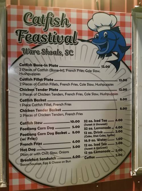 Menu for Catfish Festival in Ware Shoals, SC, featuring various catfish dishes and prices.