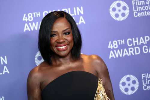 Viola Davis smiles at the 48th Chaplin Award Gala, wearing a black dress against a purple backdrop.