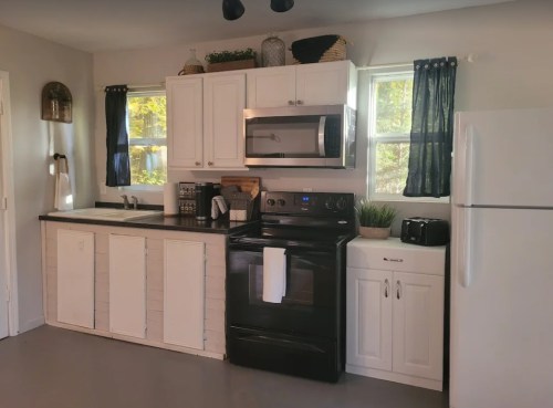 Modern kitchen with white cabinets, black appliances, and natural light from two windows.