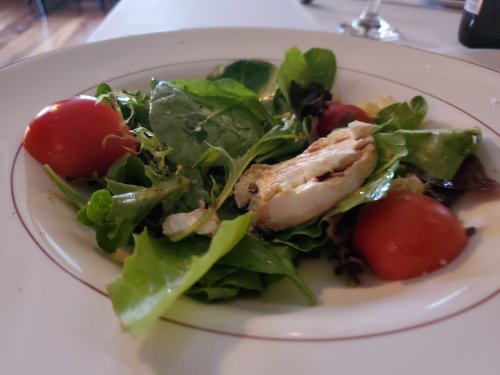 A plate of mixed greens salad with cherry tomatoes and grilled chicken, served on a white dish with a red rim.