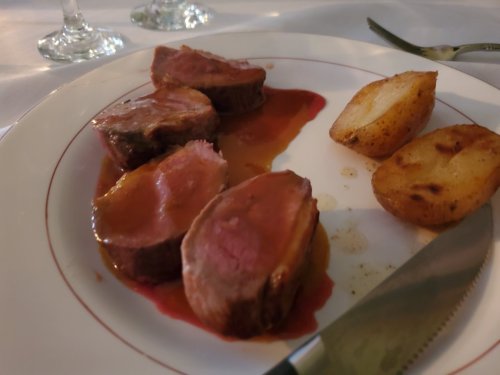 Sliced meat with sauce on a plate, accompanied by roasted potato wedges.