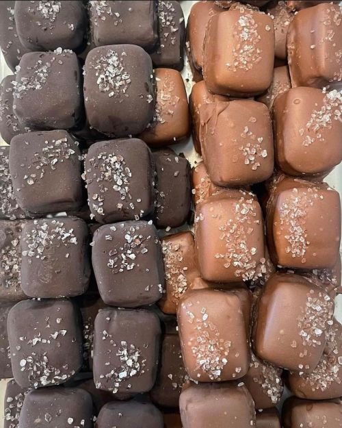 A close-up of assorted chocolate-covered candies, some dark and some milk chocolate, sprinkled with coarse salt.