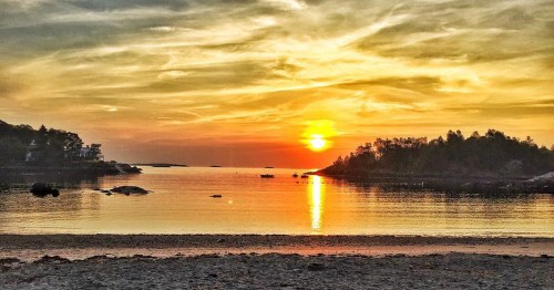 A serene beach at sunset, with golden hues reflecting on calm water and silhouettes of distant trees and boats.