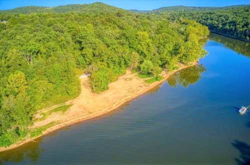 Aerial view of a serene riverbank surrounded by lush green trees and a calm water surface.