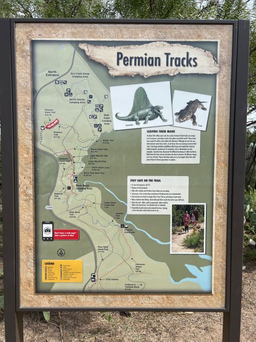 Map of Permian Tracks trail, featuring dinosaur tracks, safety tips, and trail information.